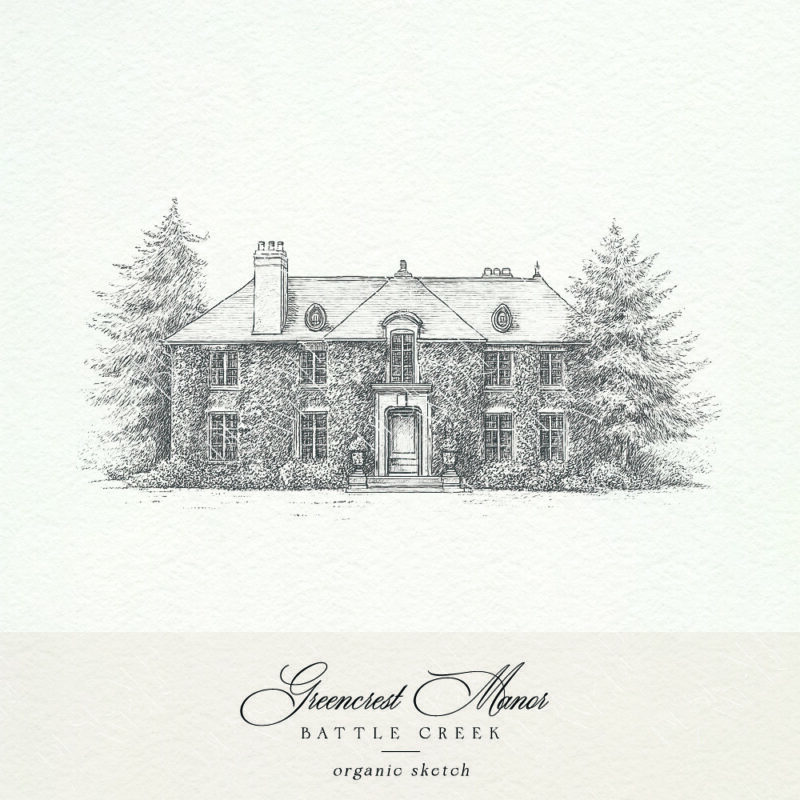 Greencrest Manor sketch for Battle Creek wedding stationery