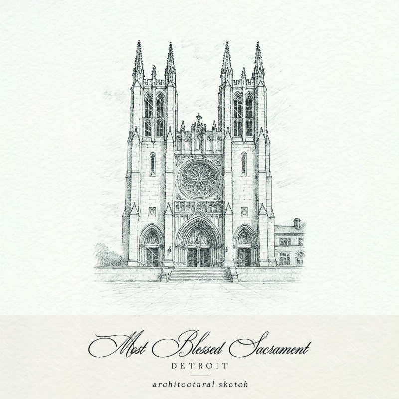 Cathedral of the Most Blessed Sacrament sketch for Detroit wedding invitations