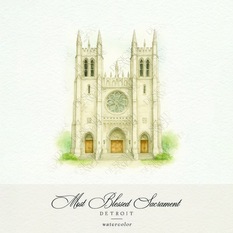 Cathedral of the Most Blessed Sacrament Watercolor | Detroit Wedding Venue Art