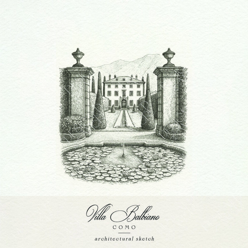 Sketch of Villa Balbiano for Lake Como wedding invitations and stationery