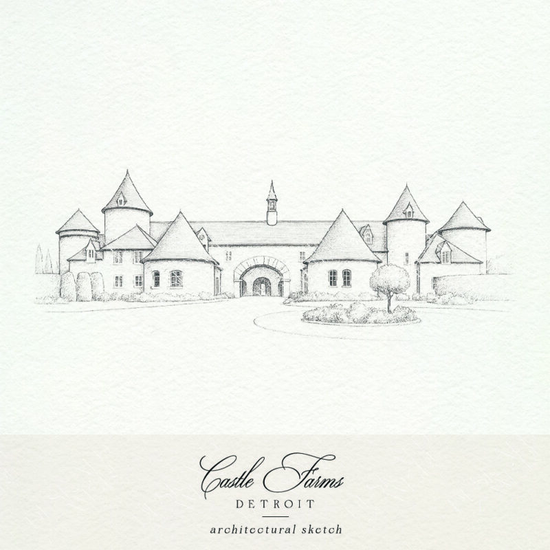 Castle Farms wedding venue sketch for Michigan wedding stationery