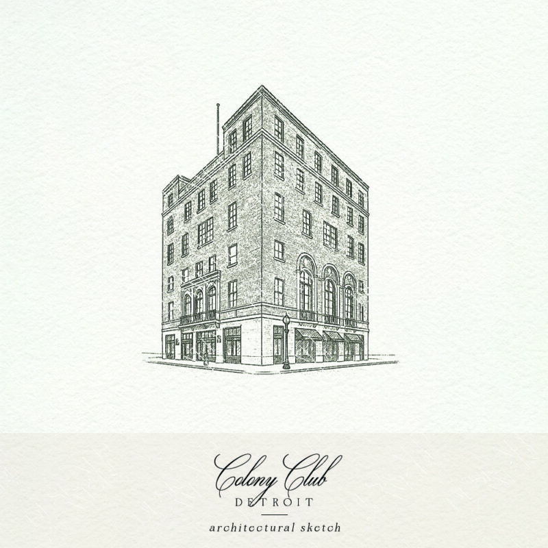 Colony Club Detroit sketch for wedding stationery