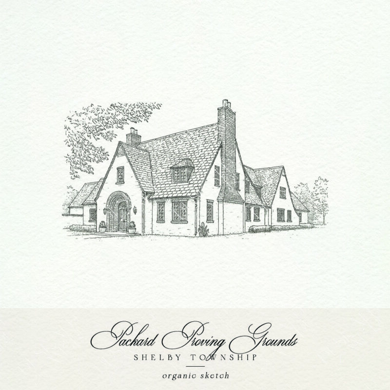Packard Proving Grounds venue sketch for Shelby Township wedding stationery