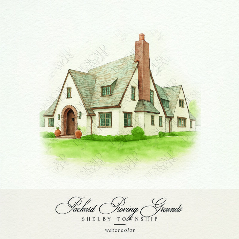 Watercolor of Packard Proving Grounds for Shelby Township wedding stationery