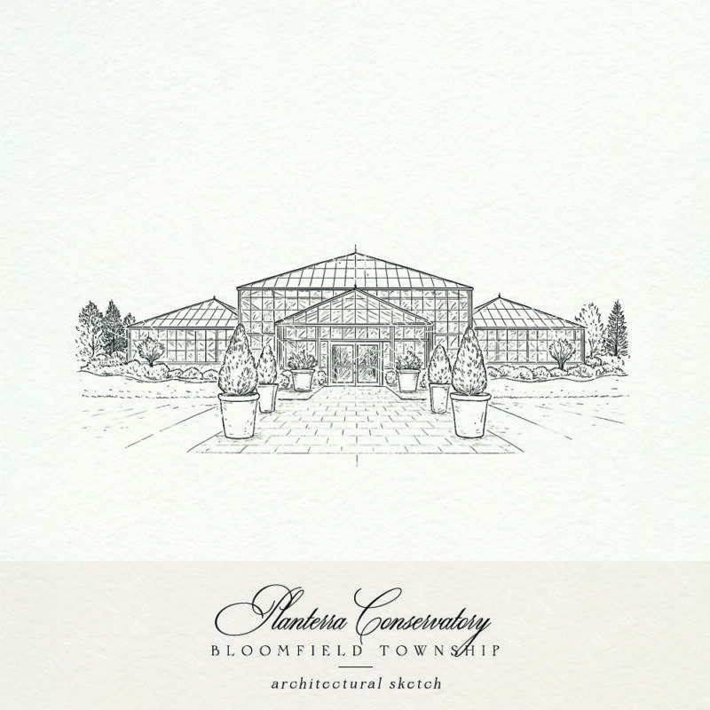 Architectural sketch of Planterra Conservatory for Bloomfield Township wedding stationery