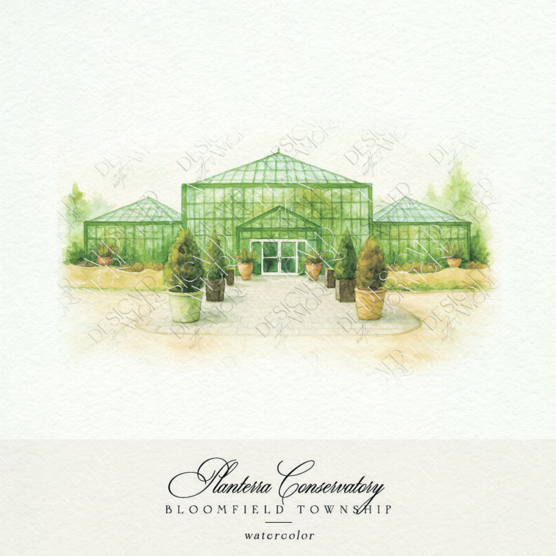 Watercolor of Planterra Conservatory for Bloomfield Township wedding stationery