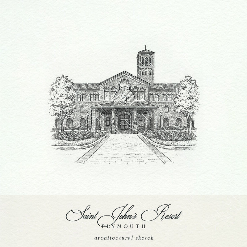 Architectural sketch of Saint John’s Resort in Plymouth for wedding stationery