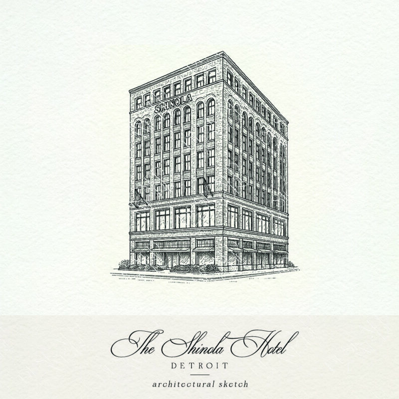 Sketch of Shinola Hotel Detroit for wedding invitations and stationery
