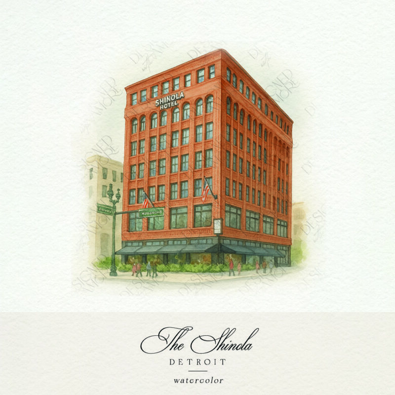 Watercolor of the Shinola Hotel in Detroit for wedding stationery