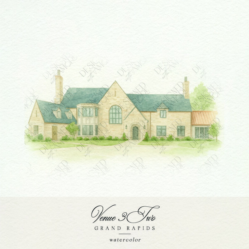Watercolor painting of Venue3Two in Grand Rapids for wedding stationery