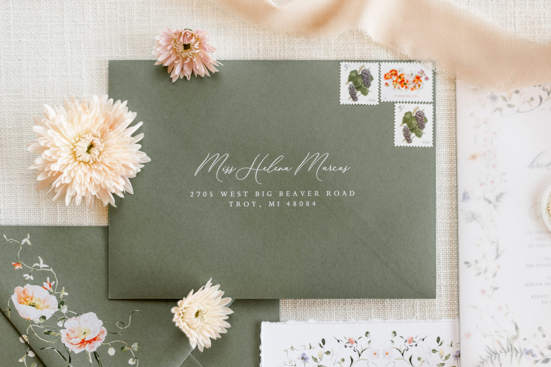 "Elegant wedding invitation envelope with formal addressing for different guest types, including families, plus-ones, and titles.