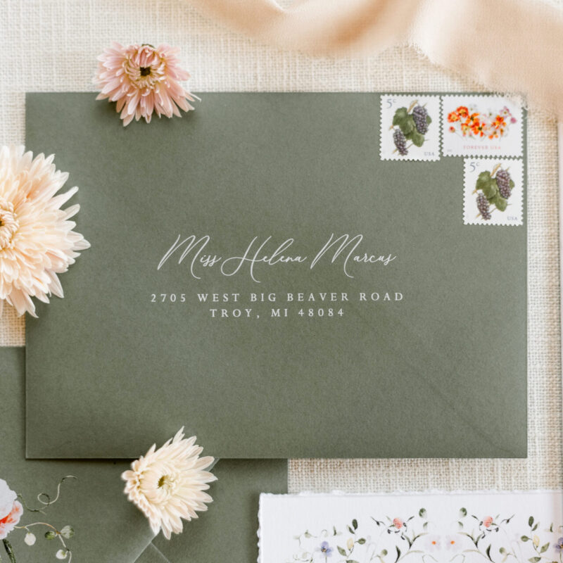 Elegant custom wedding envelope addressing with free guest addressing for invitations, including calligraphy-style printing and return address options.