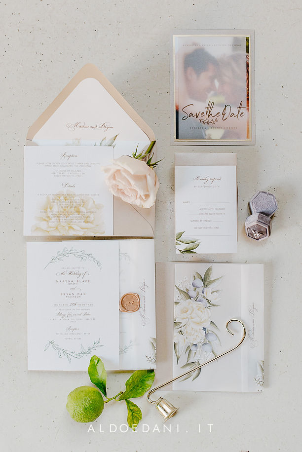 Elegant wedding invitation suite inspired by the beauty of Florence, featuring Italian artistic elements and romantic Tuscany-themed design