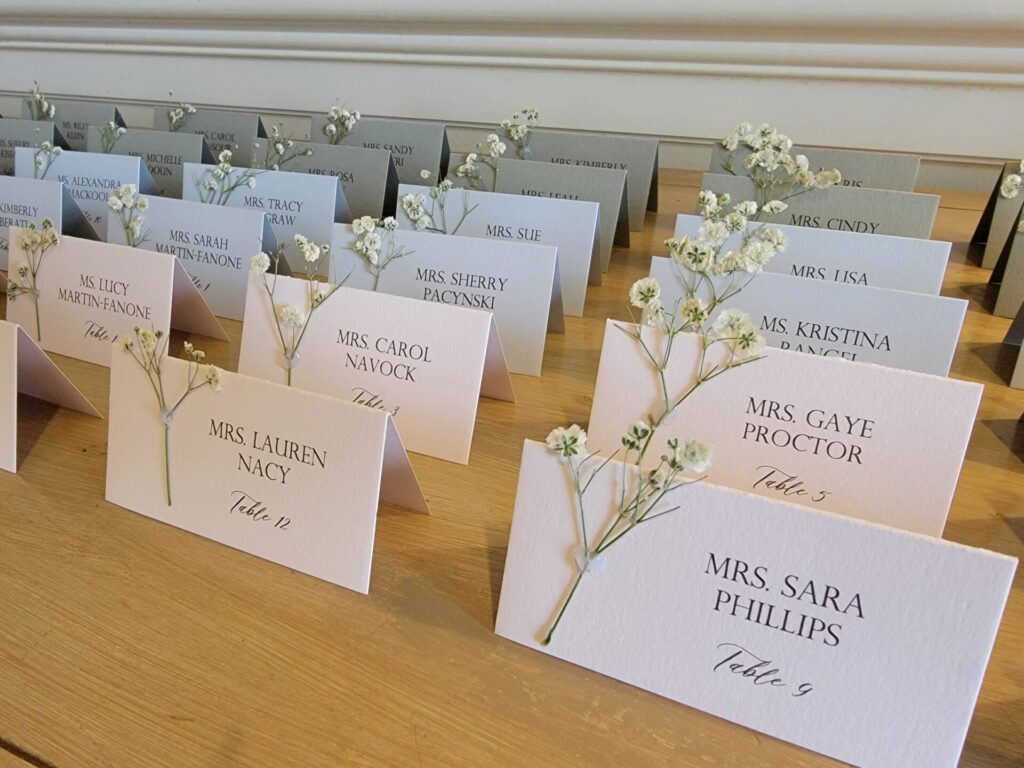 Elegant name cards, escort cards, and place cards for weddings