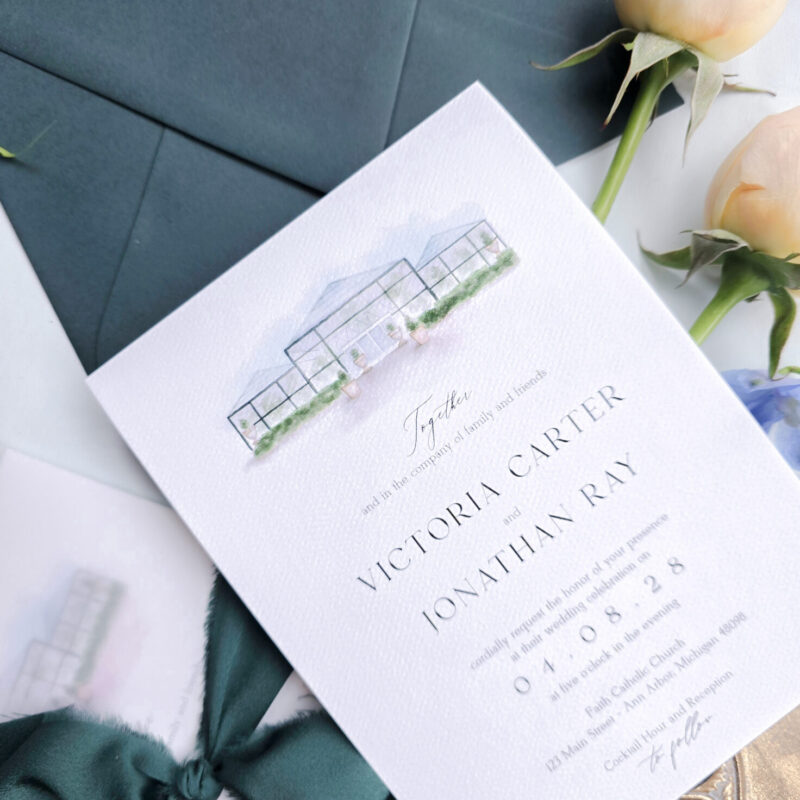 Planterra Conservatory romantic wedding invitation suite with Venue Watercolor