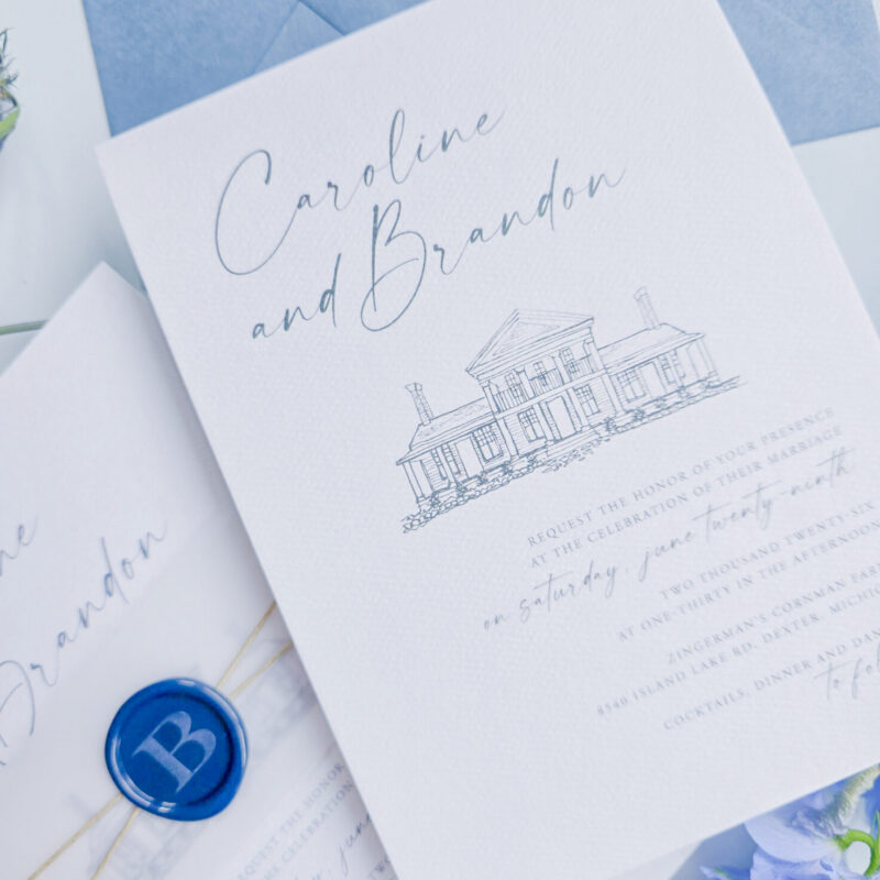 Zingerman's Cornman Farms wedding invitation suite with Venue sketch