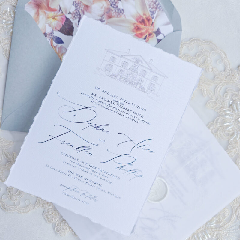 War Memorial wedding invitation suite with Venue Illustration