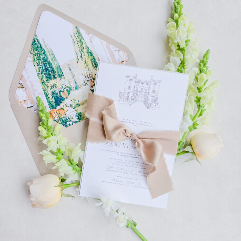 Personalized Invitations: Showcasing Your Venue’s Unique Charm Custom wedding invitation featuring an illustration of the couple’s wedding venue