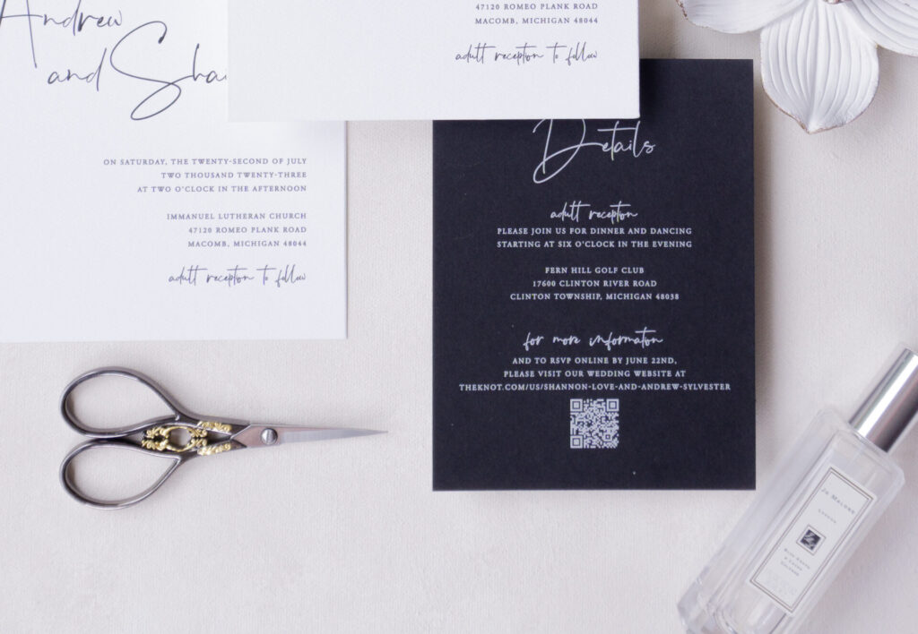 Invitation insert featuring a QR code linking to the wedding website for easy guest access