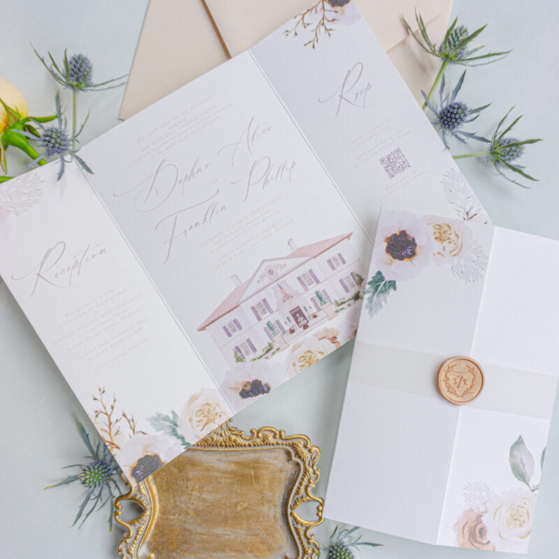 War Memorial watercolor wedding invitation suite with Venue Illustration
