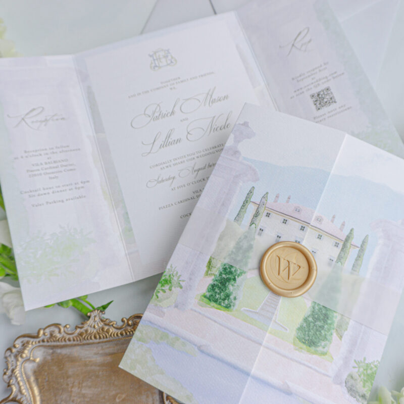 Villa Balbiano Lake Como wedding invitation gate-fold with venue watercolor