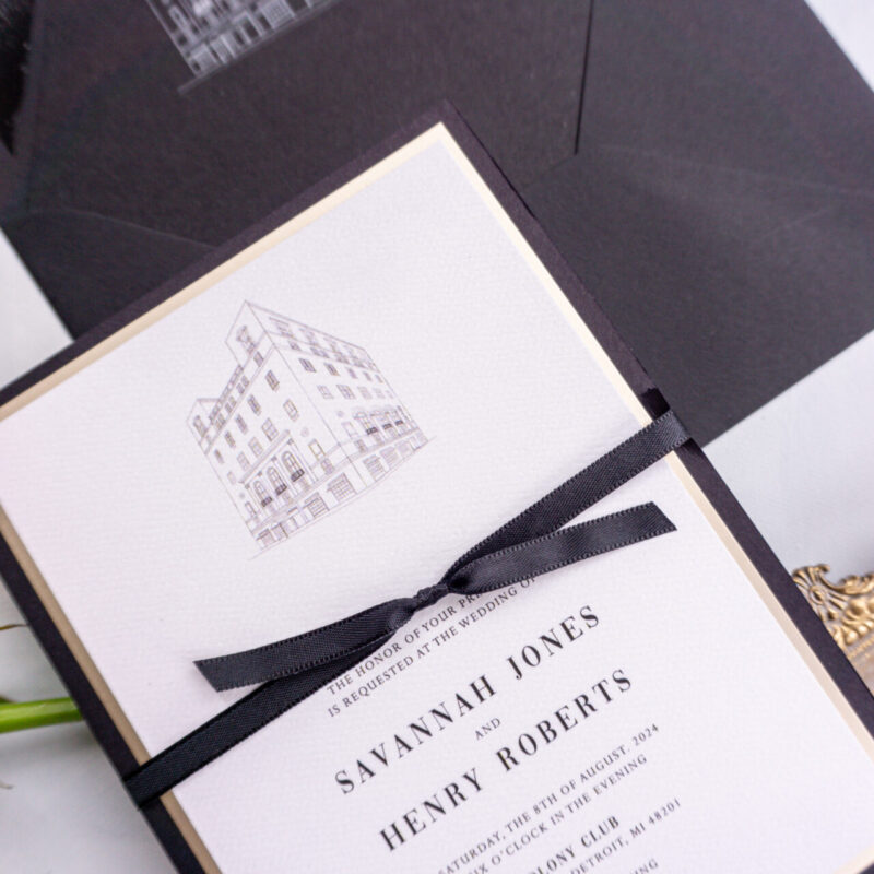 Colony Club wedding invitation suite with Venue Illustration