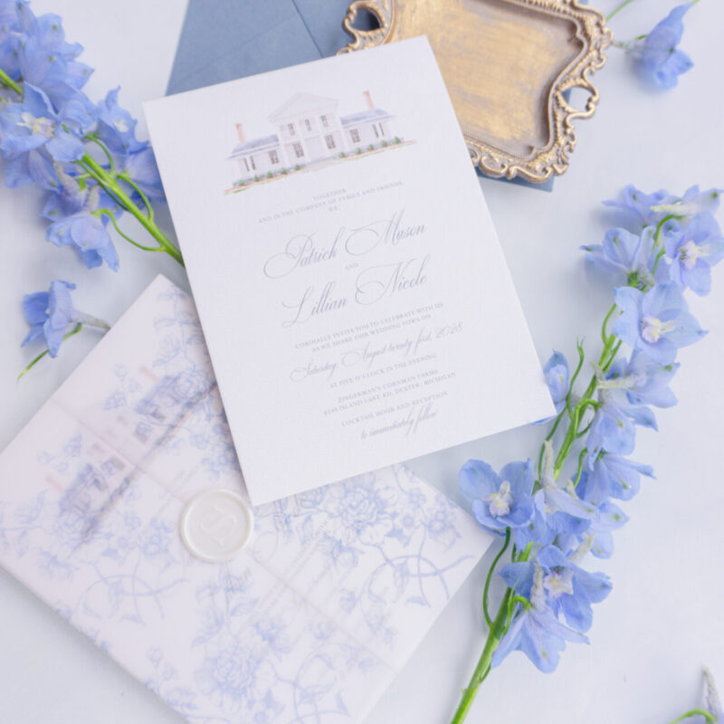 Zingerman's Cornman Farms wedding invitation suite with Venue Watercolor