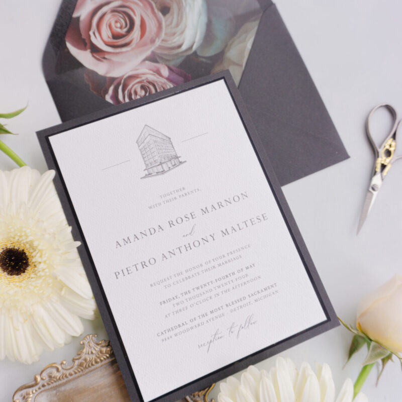 The Shinola Hotel modern wedding invitation suite with Venue sketch