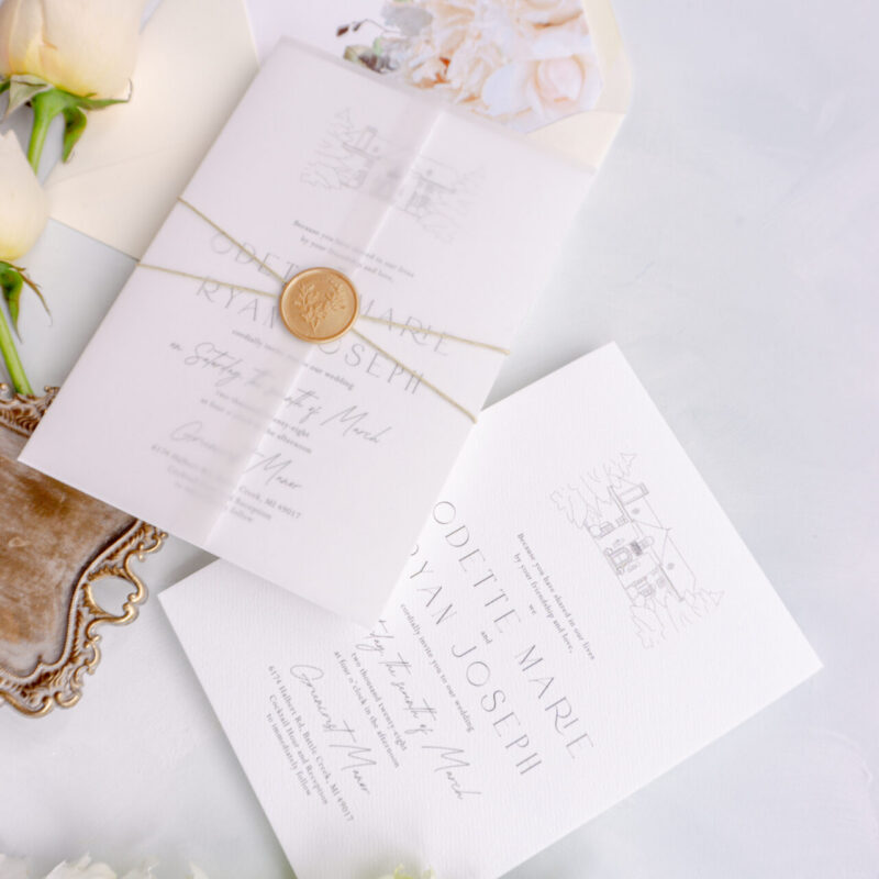 Greencrest Manor wedding invitation suite with Venue Illustration