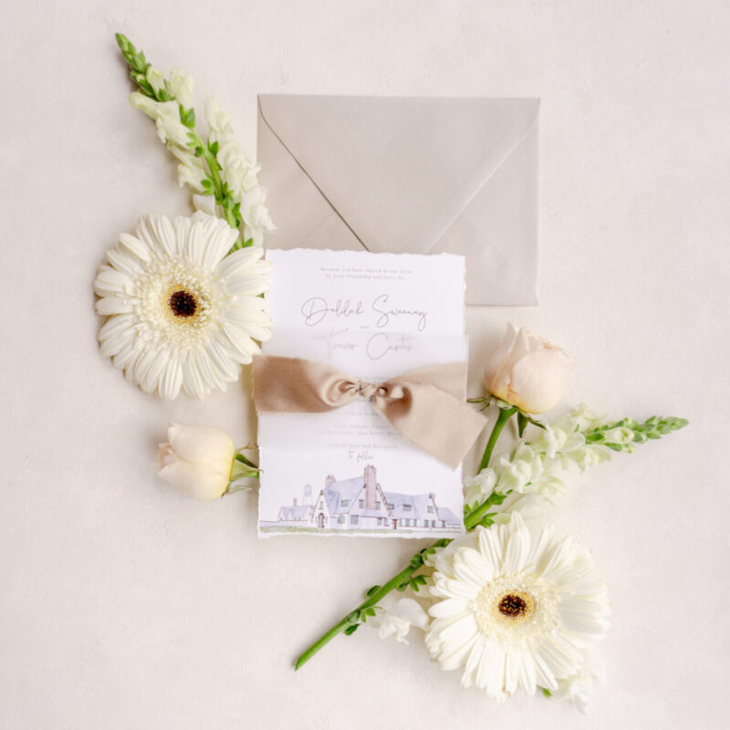 Packard Ground wedding invitation suite with Venue Illustration