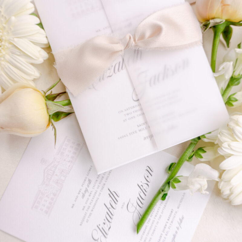 Saint John's Resort wedding invitation suite with Venue Illustration