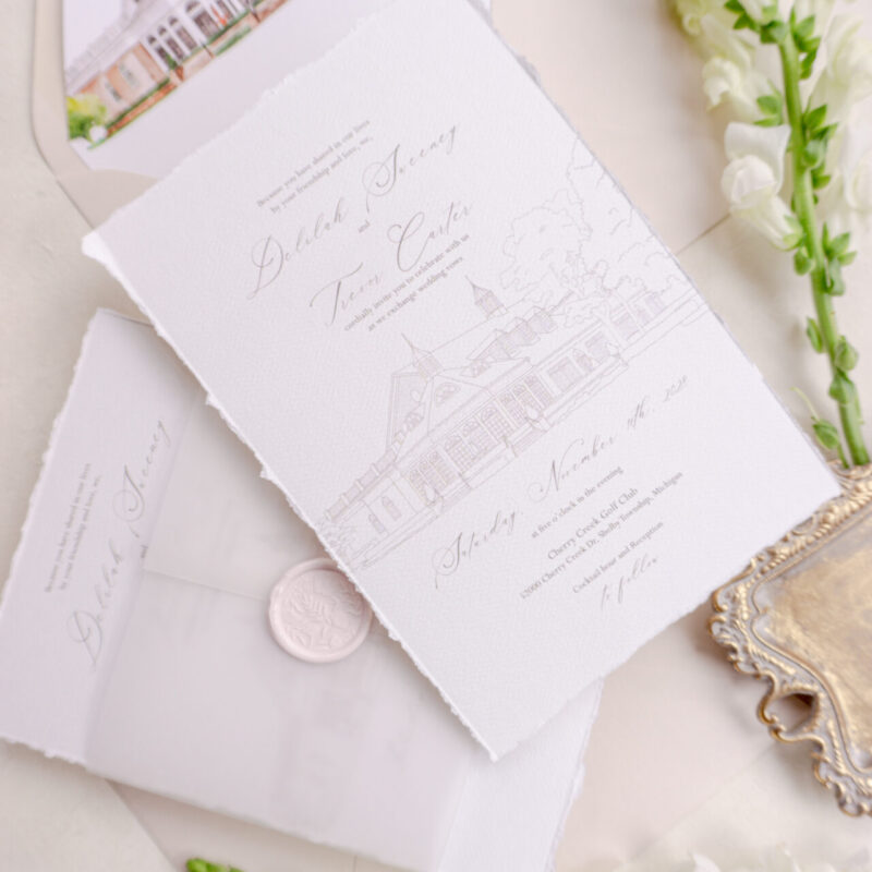 Cherry creek golf club wedding invitation suite with Venue Illustration