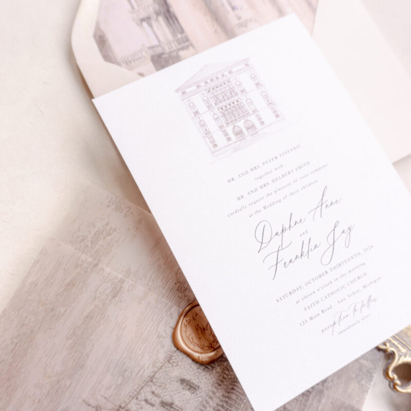 Palazzo Pisani Moretta Venice wedding invitation suite with Venue Illustration