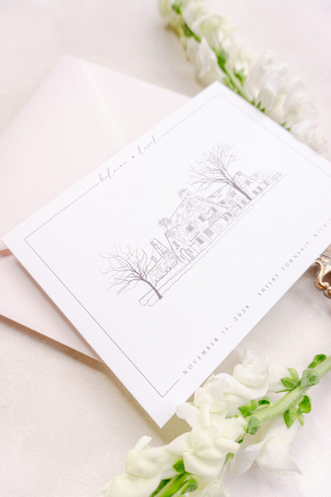 Save-the-date card featuring a wedding venue illustration as a sneak peek for guests