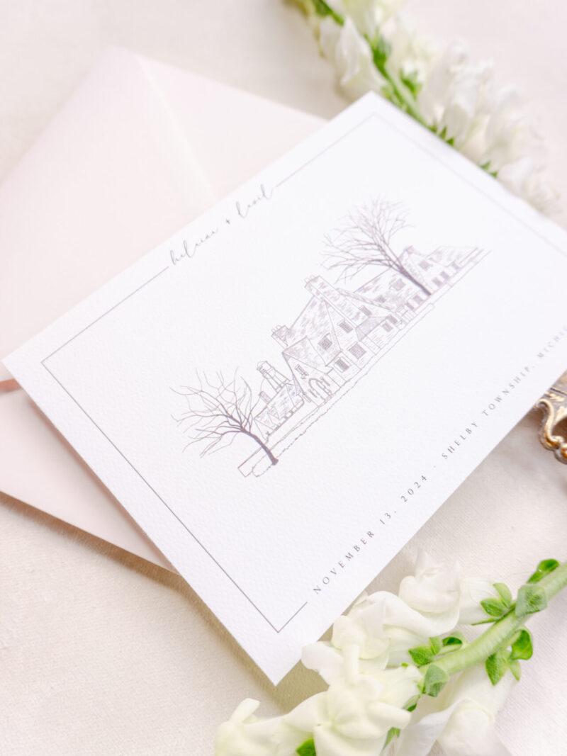 Save-the-date card featuring a wedding venue illustration as a sneak peek for guests