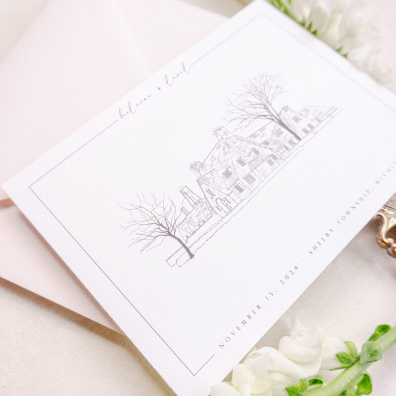 Save-the-date card featuring a wedding venue illustration as a sneak peek for guests