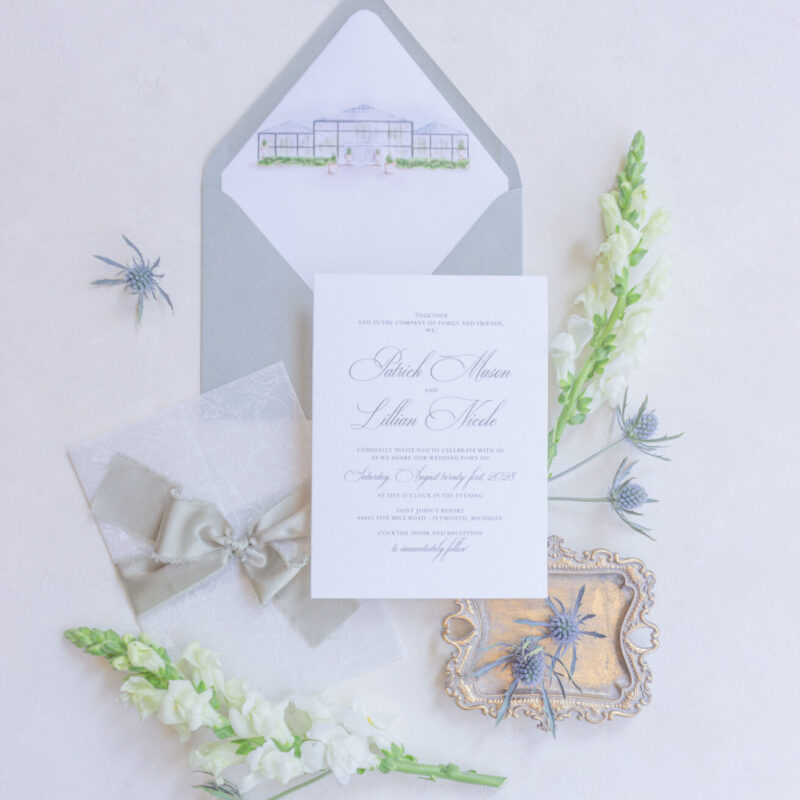 Planterra Conservatory wedding invitation suite with Venue Illustration