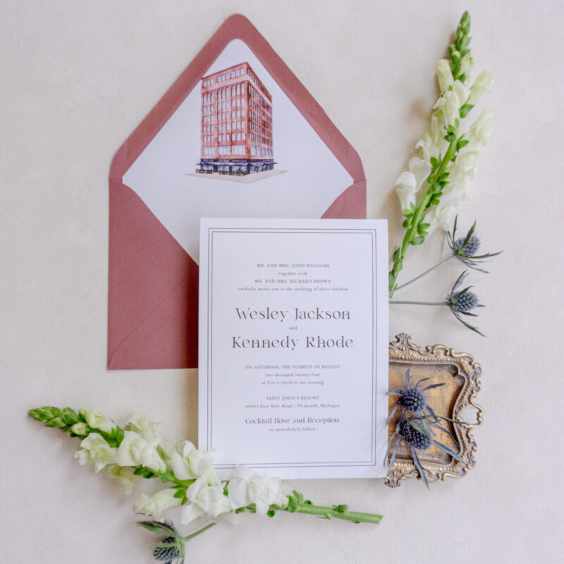 The Shinola Hotel wedding invitation suite with Venue Illustration