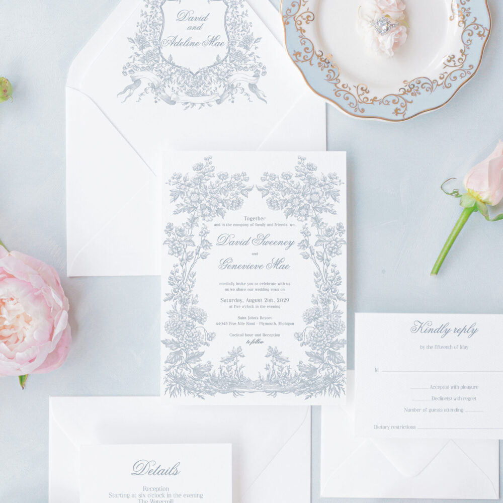 Botanical Regency wedding invitations featuring floral frames and vintage-inspired design.