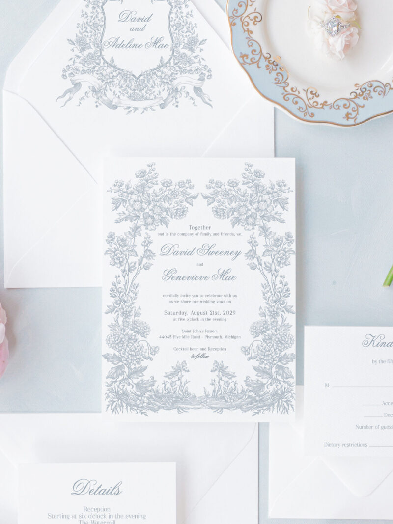 Botanical Regency wedding invitations featuring floral frames and vintage-inspired design.