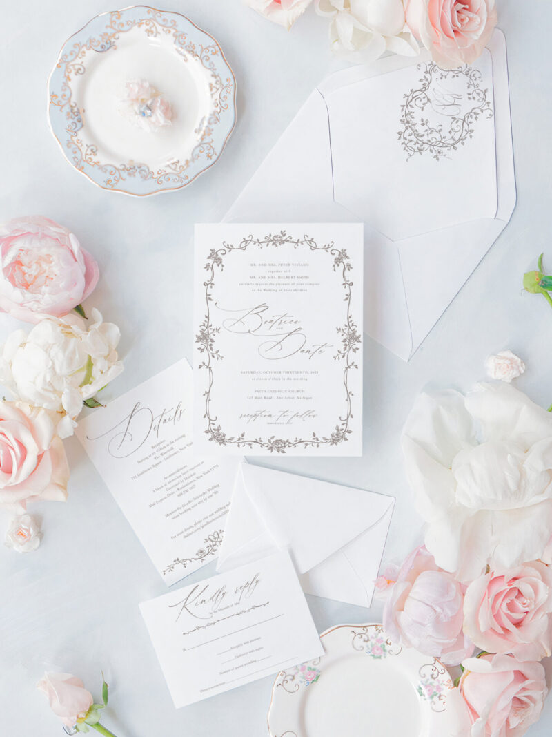 Timeless wedding stationery with romantic script design and intricate floral frame, ideal for formal or elegant weddings.