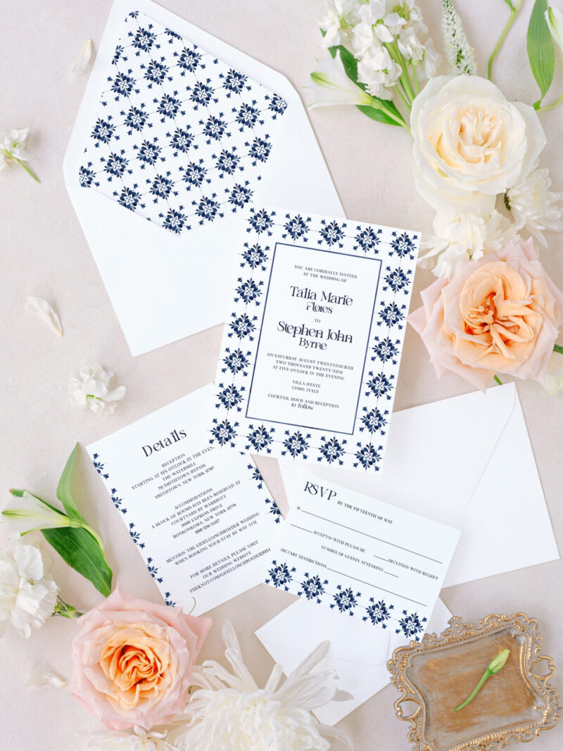 Elegant destination wedding stationery featuring Mediterranean tile patterns.