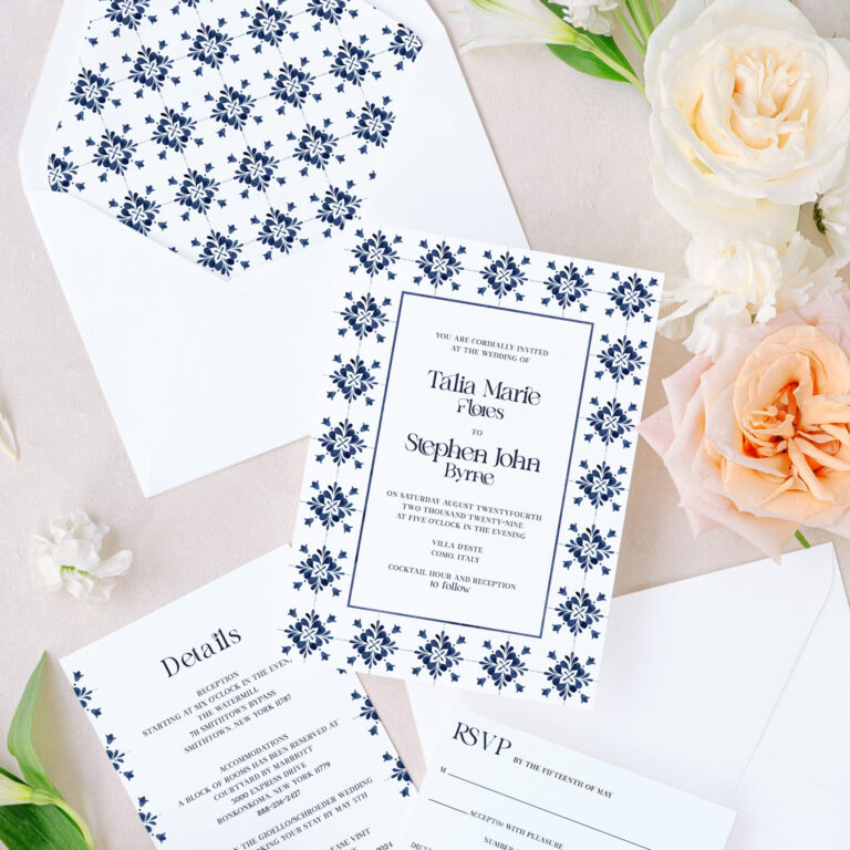 Mediterranean tile wedding invitations with blue-and-white design, Bianca suite.