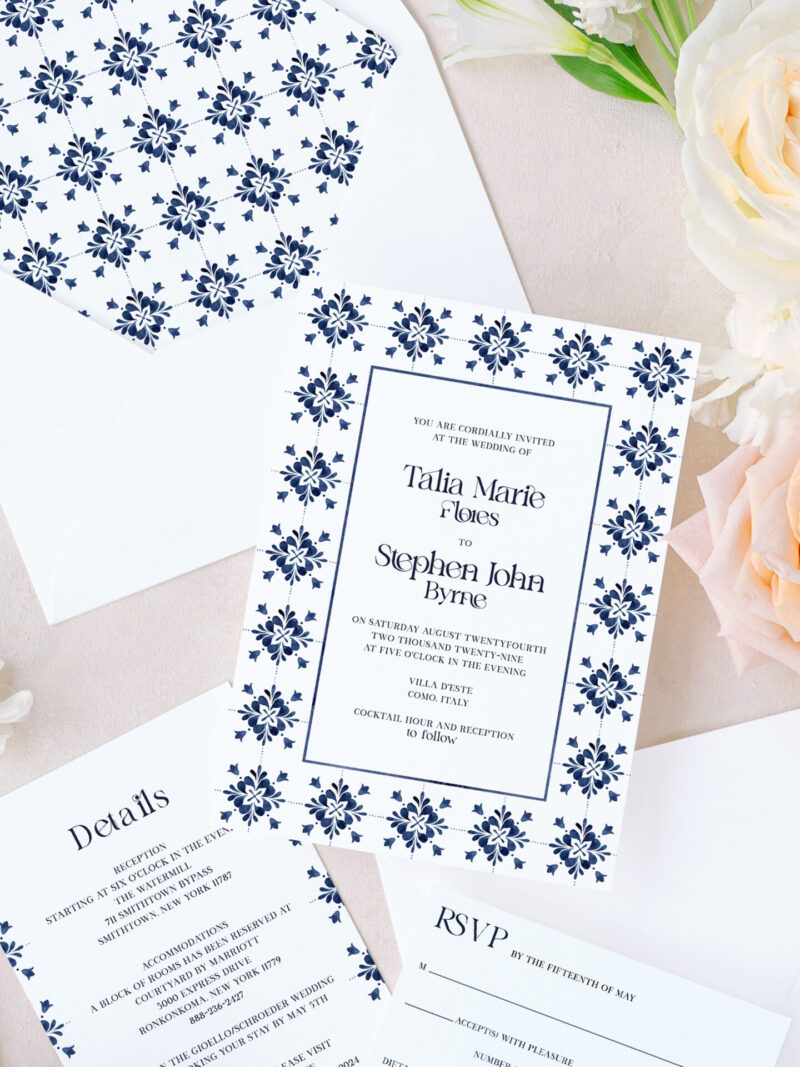 Mediterranean tile wedding invitations with blue-and-white design, Bianca suite.