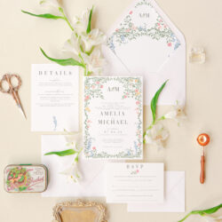 Charming floral wedding stationery featuring pastel hues and illustrated designs