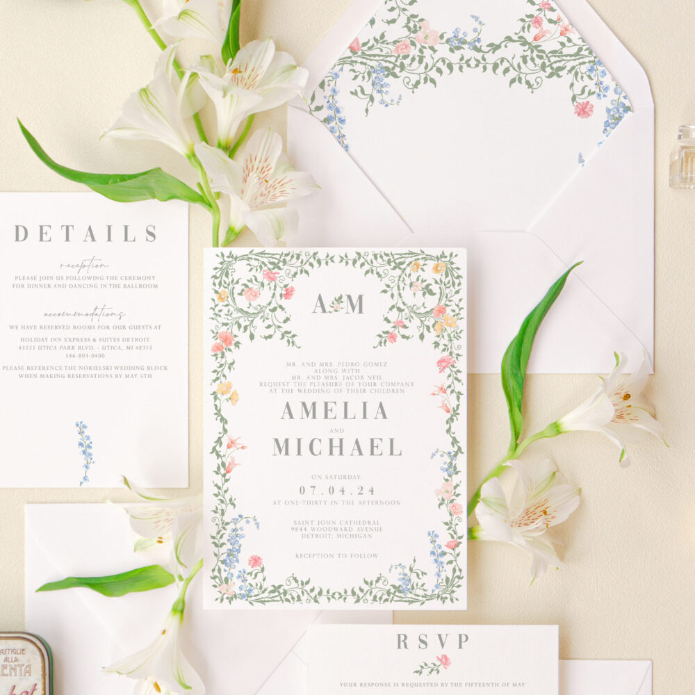 Whimsical floral wedding invitations with botanical accents for garden weddings