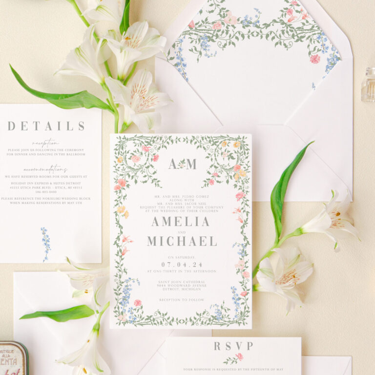 Whimsical floral wedding invitations with botanical accents for garden weddings