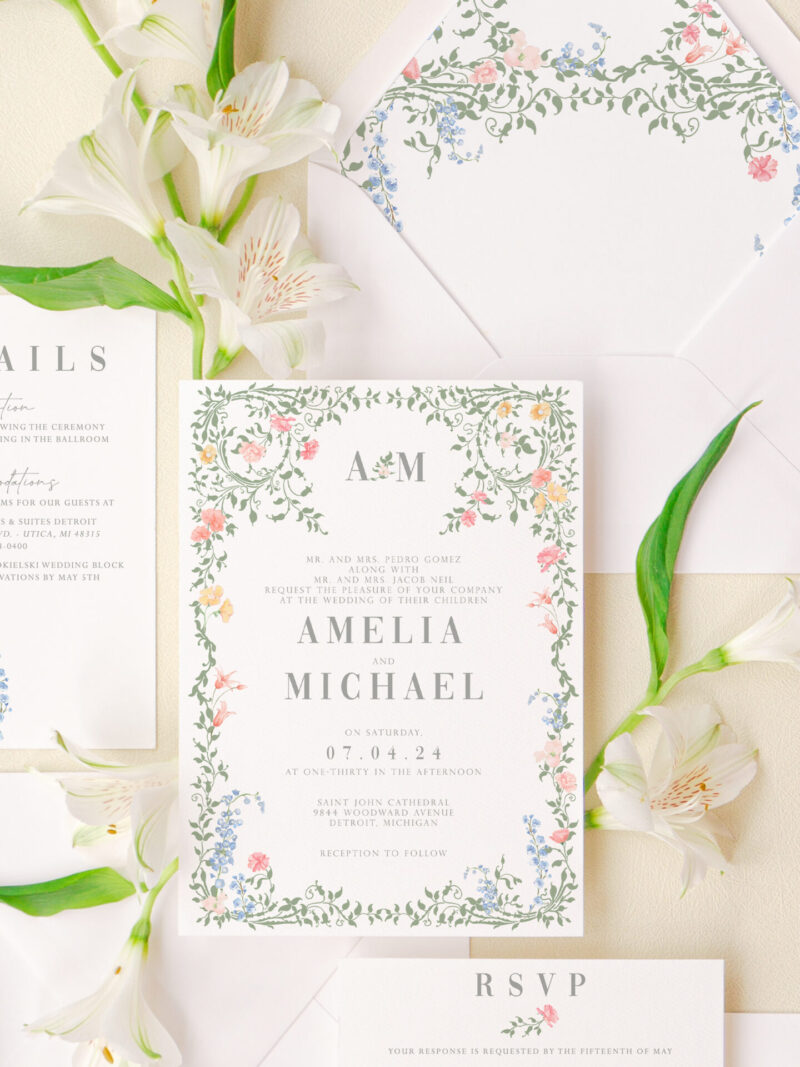 Whimsical floral wedding invitations with botanical accents for garden weddings