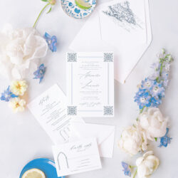 Amalfi Coast wedding invitation featuring Mediterranean tile artwork and elegant Positano-inspired design elements.