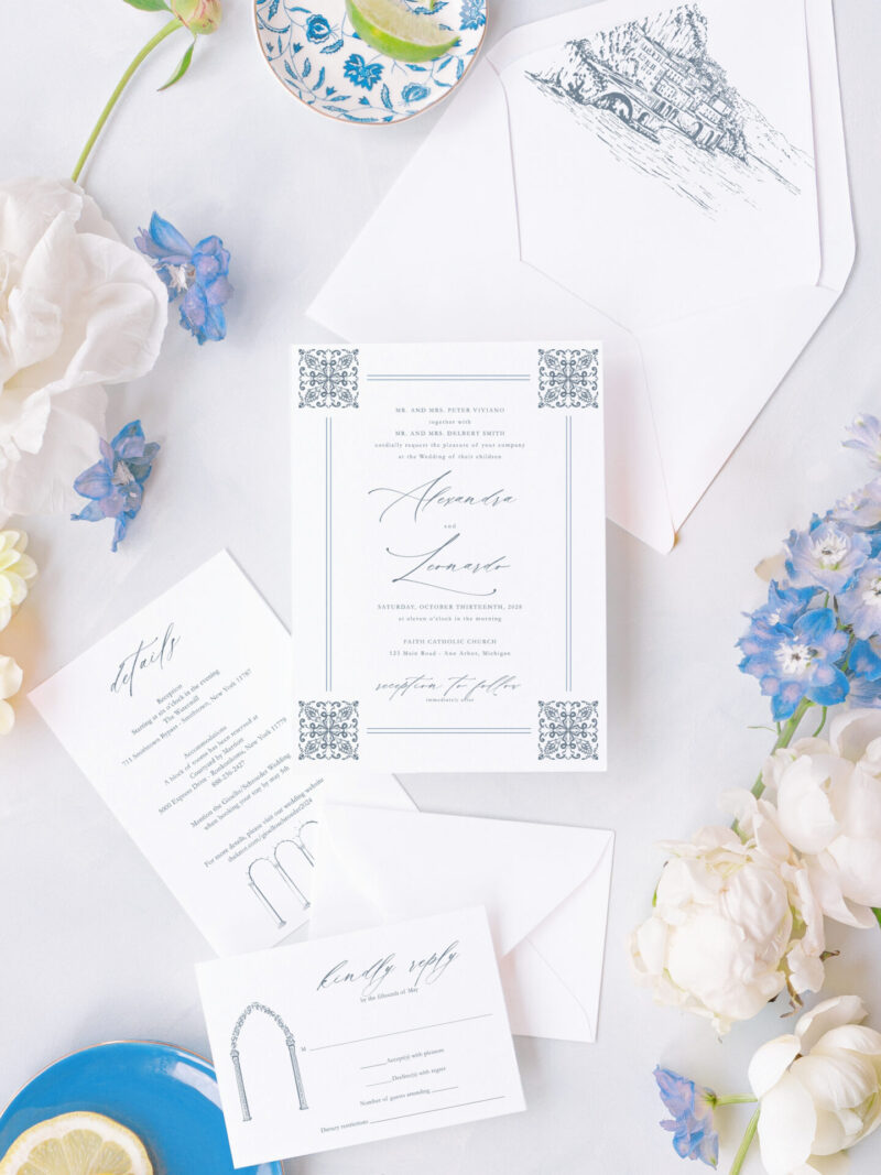 Amalfi Coast wedding invitation featuring Mediterranean tile artwork and elegant Positano-inspired design elements.